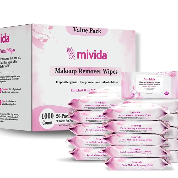 mivida Hypoallergenic Makeup Remover Wipes Bulk with Vitamin E, 1000 count (20×50) Value box, Fragrance Free Makeup Wipes for Sensitive Skin, Gently Removes Makeup & Oil, Alcohol Free