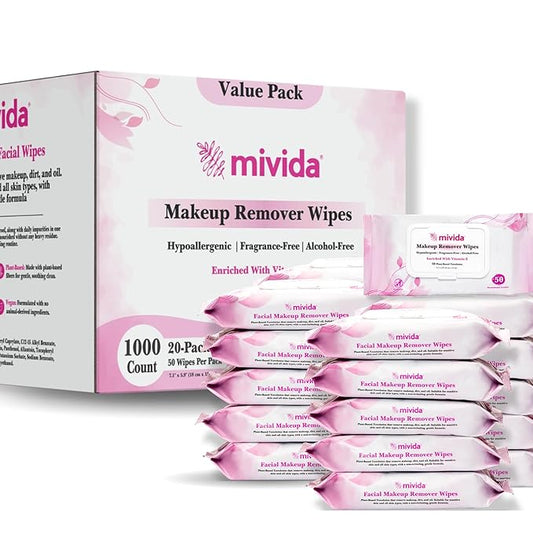 mivida Hypoallergenic Makeup Remover Wipes Bulk with Vitamin E, 1000 count (20×50) Value box, Fragrance Free Makeup Wipes for Sensitive Skin, Gently Removes Makeup & Oil, Alcohol Free