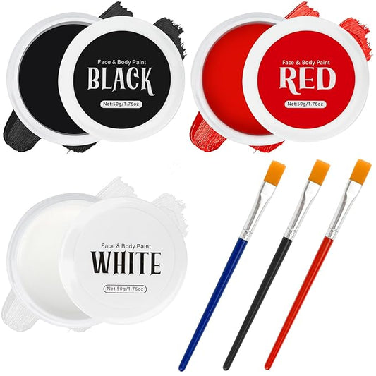TonJin Black + White + Red Face Body Paint Set 5.28oz,Non-Toxic Professional Paint Palette Kit with 3 Brushes for Art Theater Halloween Party Cosplay Clown Corpse Paint SFX Makeup