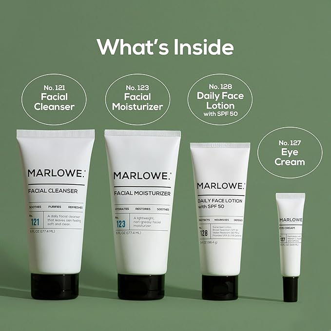 MARLOWE. Mens Skin Care Set, No. 204 Daily Essential Face Kit, No. 121 Facial Cleanser, No. 123 Facial Moisturizer, No. 127 Eye Cream, No. 128 Daily Face Lotion with SPF 50, Great Gift for Men