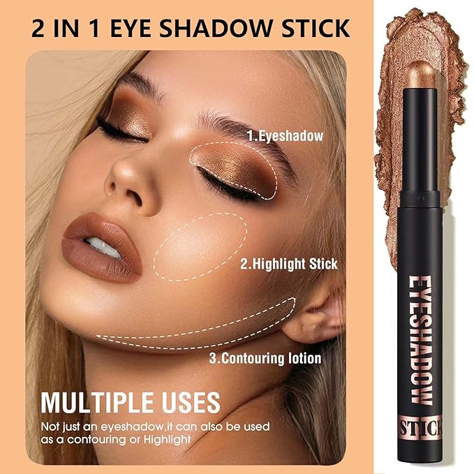 Rose Gold Eyeshadow Stick, Shimmer Cream Eyeshadow Pencil Makeup, High Pigment Long Lasting Waterproof Eye Shadow Pen Women Multi-Dimensional Hypoallergenic Eye Highlighter Stick (16#)