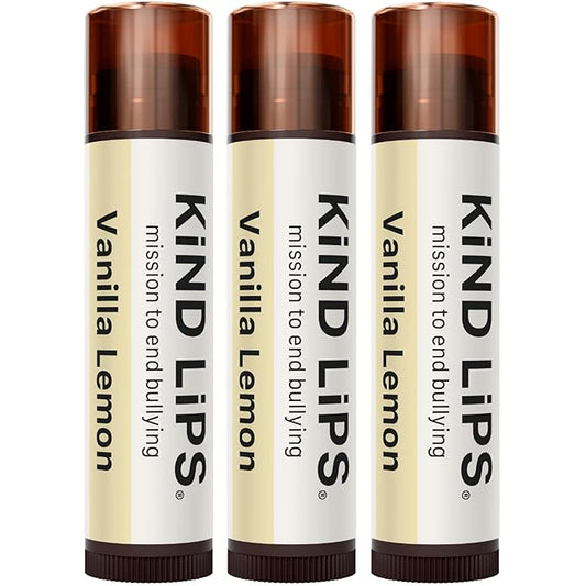 Kind Lips Organic Vanilla Lemon Lip Balm 3-Pack – Refreshing & Comforting Lip Care for Dry, Chapped Lips • 100% Natural, Clean, Gluten-Free, Grain-Free • Made in USA • Everyday Value chapstick Set