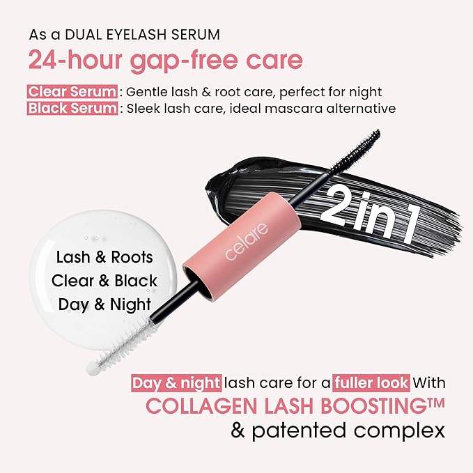 Celare Collagen Lash Care Dual Serum | 2-in-1 Lash & Brow Enhancing Serum for Women & Men | Collagen, Caffeine & Peptides | Fuller, Thicker Lashes & Healthy Roots | K-Beauty | 13 ml / 0.43 fl. oz.