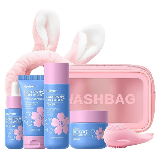 Sakura Collagen Skin Care Set - 6pcs Skincare with Facial Cleanser, Serum, Cream, Toner, Facial Brush, Bunny Hair Band & Makeup Bag, Deep Cleansing, Hydrating, Firming, Even Tone, Radiance