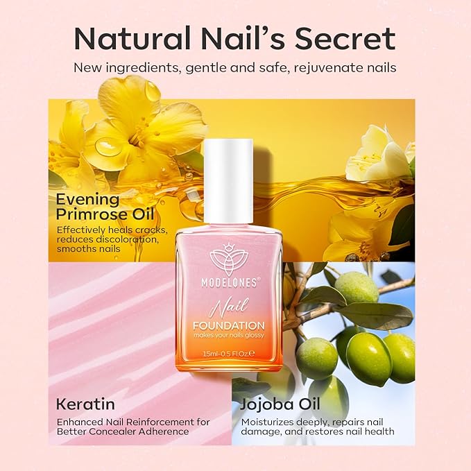 modelones Nail Strengthener, Sparkle Pink Nail Polish Nail Repair for Damaged Nails Hardener Air Dry Nail Growth Polish Natural Nail Concealer Foundation Gifts for Women 15ml