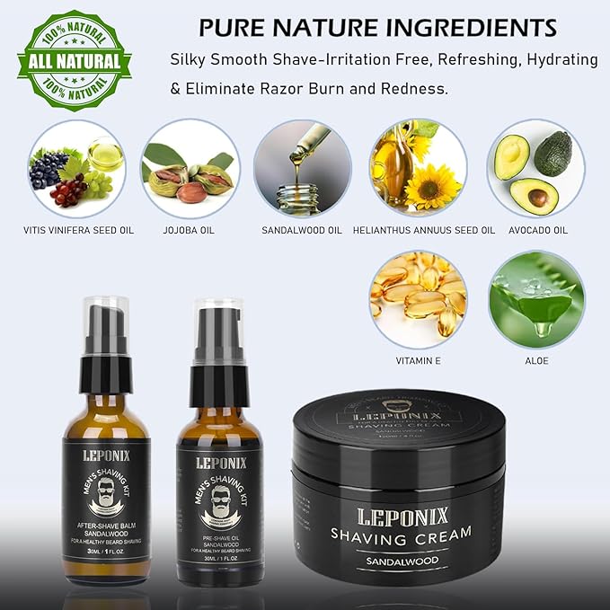 Mens Shaving Kit - Sandalwood Shaving Cream, After Shave Lotion & Pre Shave Oil - Fights Razor Burn, Nicks & Cuts - Luxury Grooming Essentials for Men - Secret Santa Gift Set Stocking Stuffers