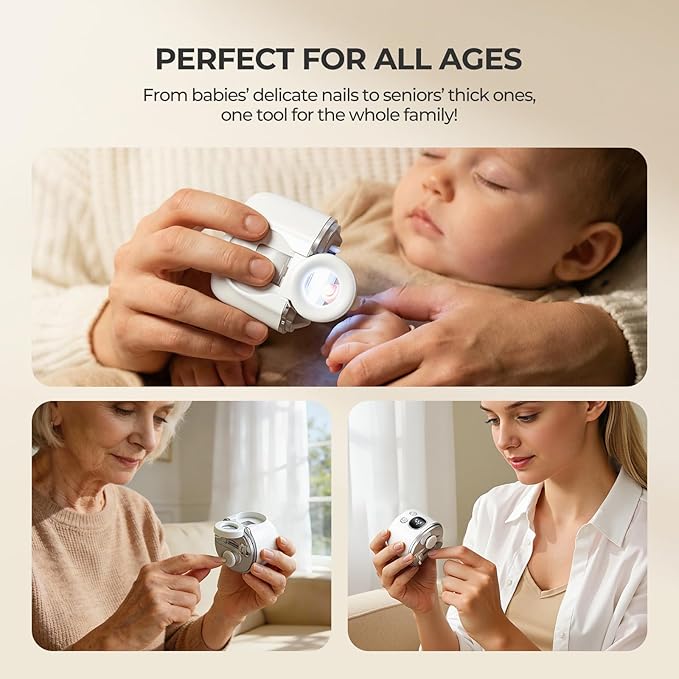 2-in-1 Electric Nail Clipper & Baby Nail Trimmer– USB Rechargeable with Magnifier, Dual-Blade Narrow Gap Design, 3-Speed Gears, LED Light & Storage Box | 90-Minute Runtime for Babies, Adults & Seniors