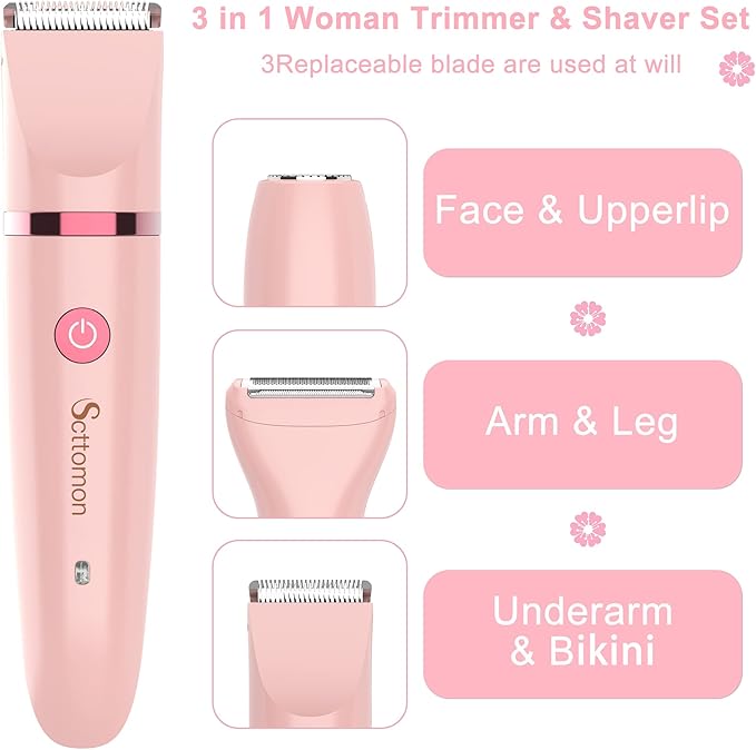 Scttomon Electric Lady Shaver for Women - Painless Razor, Bikini Trimmer, Facial Hair Removal, Body Trimmer for Face, Legs, Underarm, Pubic - Wet and Dry Flawless 3 in 1