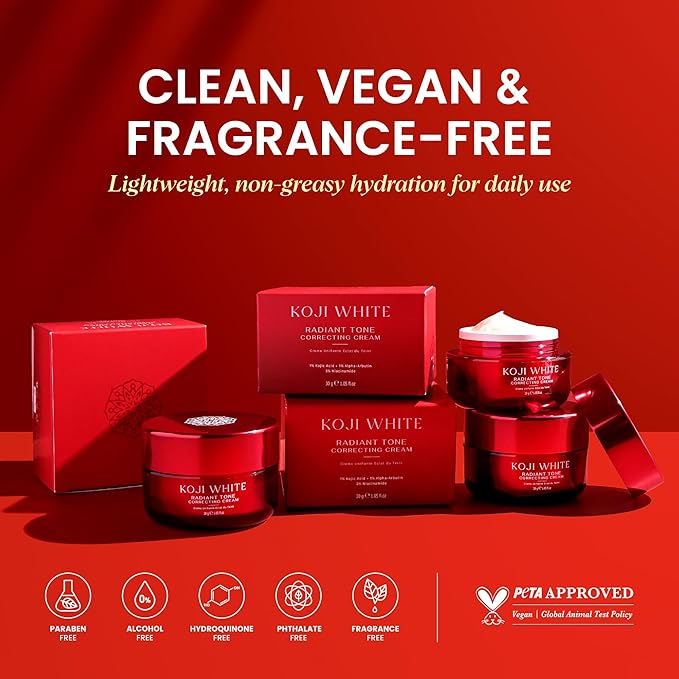 Koji White 1% Kojic Acid Cream | Face Moisturizer Radiant Tone Correcting Cream with 1% Alpha-Arbutin, 3% Niacinamide & Hyaluronic Acid for All Skin Types, Unscented, Vegan Skincare, 1.05 FL Oz