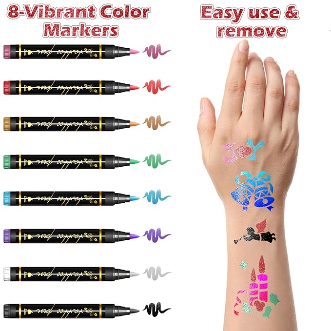 8 Metallic Temporary Tattoo Body Markers Pen Assorted Colors + 155 PCS Christmas Xmas Tattoo Stencils for Kids Adults Cosmetic Tattoos Pens for Skin Temporary DIY Face Body Art Set Party Favor