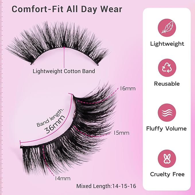 Cat Eye False Eyelashes Wispy Fluffy Volume Dramatic Long Strip Lashes Lightweight Natural Look Easy to Apply Reusable Faux Mink Lashes for Daily and Glam Makeup 7 Pairs