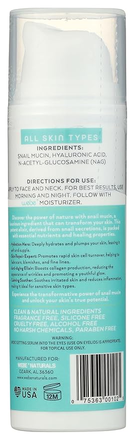 WEBE Naturals Snail Mucin 94% Hydrating Glow Serum | 1.3% Hyaluronic Acid & N-Acetyl Glucosamine | Collagen Boosting, Plumping, Anti Aging, Intense Moisturizing Serum for Radiant, Dewy Skin