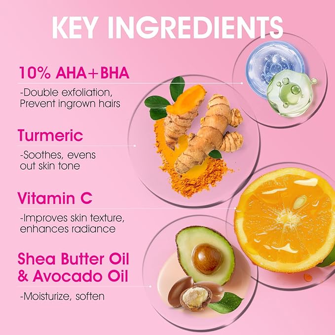 Bikini Area Exfoliator with 10% AHA+BHA & Turmeric, Ingrown Hair & Razor Bumps for Bikini Underarm Area, Skin Moisturizing, Smoothing, Even Skin Tone Exfoliating Body Scrub with Walnut Shell Powder