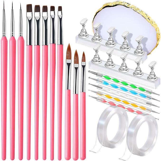 FANDAMEI Nail Art Brushes, Nail Brush Set With Nail Stand, Nail Holder For Painting Nails, Nail Art Tools, Nail Design Tools, 11PCS Nail Brushes For Nail Art, Nail Dotting Tool, Nail Art Palette, Pink
