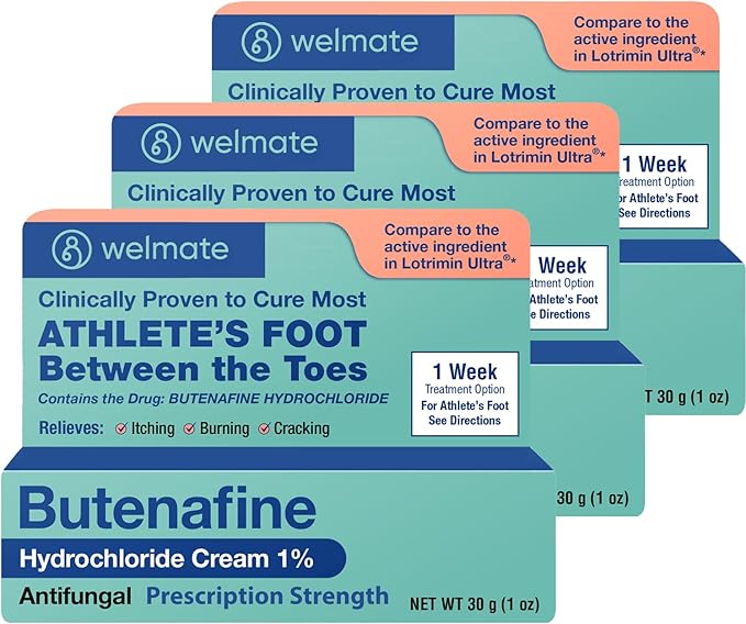 WELMATE - Butenafine Hydrochloride 1% (3 Pack) Antifungal Cream - Athletes Foot Treatment, Jock Itch, Ringworm - Itching, Cracking, Scaling - Clinically Proven - Over-the-Counter Medication, Foot Care
