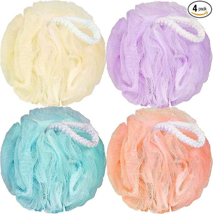 FARMOGA Bath Loofah Sponge Body Scrubber Shower Sponge Exfoliating Mesh Pouf Shower Ball Bath Sponges for Women and Men Bathing Accessories (4Pack 50G Colorful)