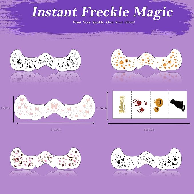 Face Glitter Freckles Tattoo,Temporary Tattoos Makeup Patches, Body Glitter Fake Freckles Stickers for Kid Halloween Decor,Theme Party,Bats Witch Pumpkin Rave Accessories,30 PCS