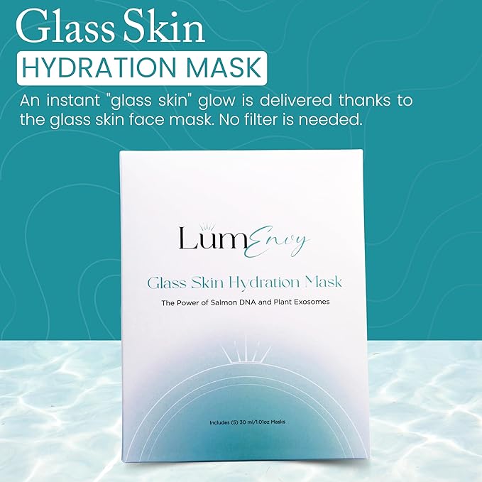 LúmEnvy Glass Skin Hydration Mask | Salmon DNA (PDRN) & Centella Collagen Face Mask - Deep Hydration, Pore Refining, Brightening & Firming Bio-Cellulose Facial Sheet for Radiant Glow