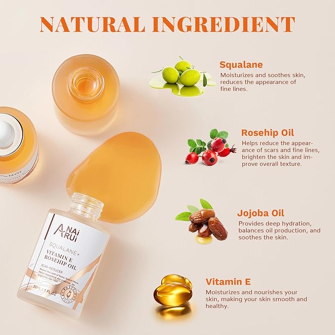 ANAI RUI Squalane + Vitamin E Rosehip Oil Moisturizer for Face,Hair,Skin& Nail Hydrate, Reduce Scars and Stretch Marks, Wrinkles for Smoother, Softer Skin 1 fl. Oz