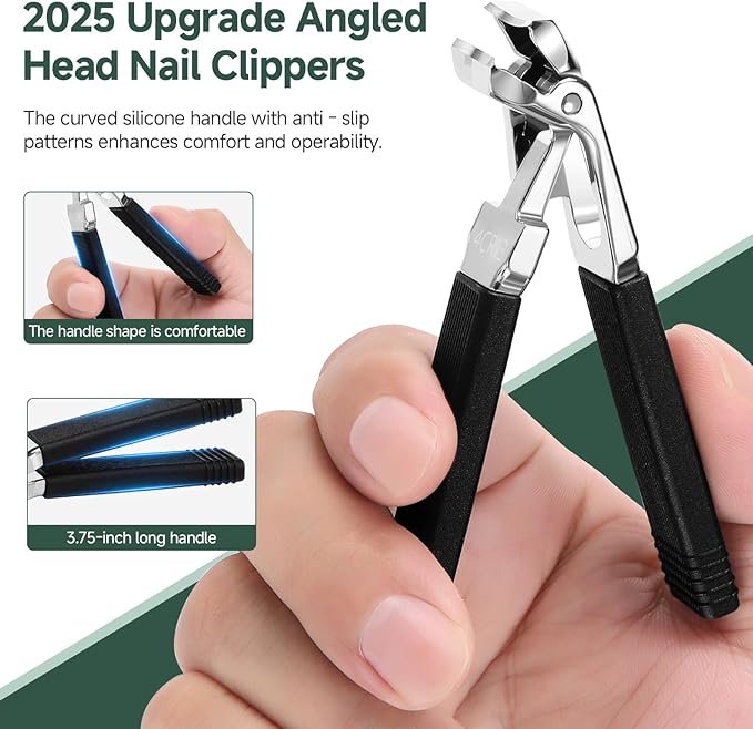 SmilVie Angled Head Toe Nail Clippers for Seniors, Long Handle, Heavy Duty Ingrown Toenail Clipper Set (Black 2-in-1 Set)