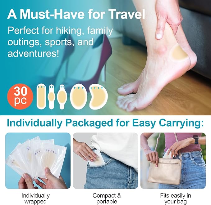 30PCS Hydrocolloid Gel Blister Bandages Pads, Multi-Size Waterproof Adhesive Blister Bandages, Waterproof Blisters Pads & Blisters Cushions for Heel, Toe & Foot