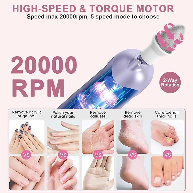 Professional Manicure Pedicure Kit, 9 in 1 Cordless Electric Nail Drill with 100 pcs Nail Drill Bits Sanding Bands, Nail Grinder for Human, 5 Speeds, Nail Dremel Kit for Home and Salon Use