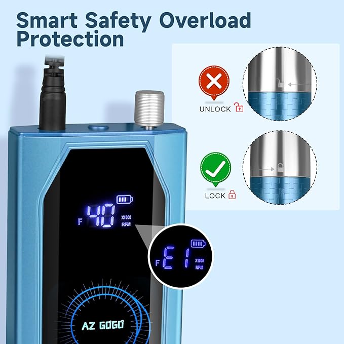 Professional Brushless Nail Drill, AZ GOGO 85W Cordless Electric Nail File 40000RPM Rechargeable Portable Nail Drill Machine for Gel/Acrylic Nails Salon Level (Blue)