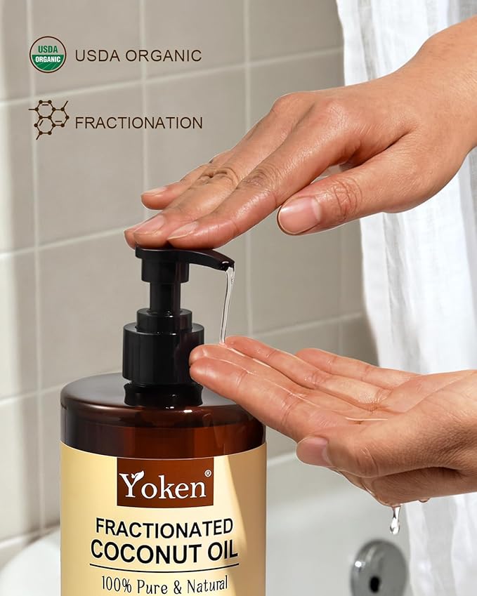 Yoken Organic Fractionated Coconut Oil, 32 Fl Oz, USDA Certified Liquid Coconut Oil for Hair & Body, Carrier Oil for Essential Oils, Unscented, Hexane Free
