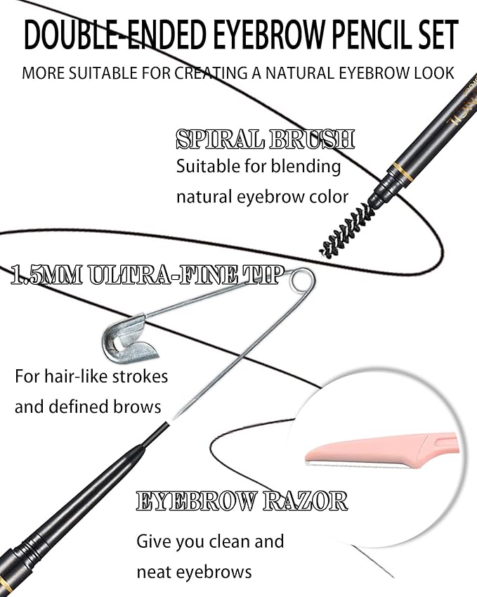 SUMEITANG Black Eye Brow Pencils for Women, 6Pcs Waterproof Eyebrow Pencil, 1.5mm Micro-Fine Tip & Spiral Brush with Brow Razors Perfect for Creating a Natural and Delicate Eyebrow Look Makeup