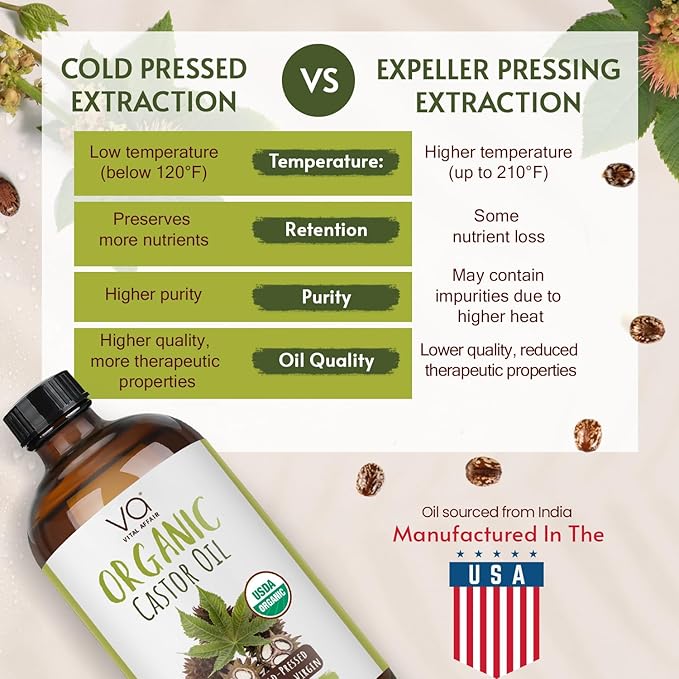 VITAL AFFAIR Pure Castor Oil Organic Cold Pressed Unrefined Glass Bottle-USDA Certified for Castor Oil Pack Wrap for Face,Hair Growth,Eyelashes,Eyebrows-16oz