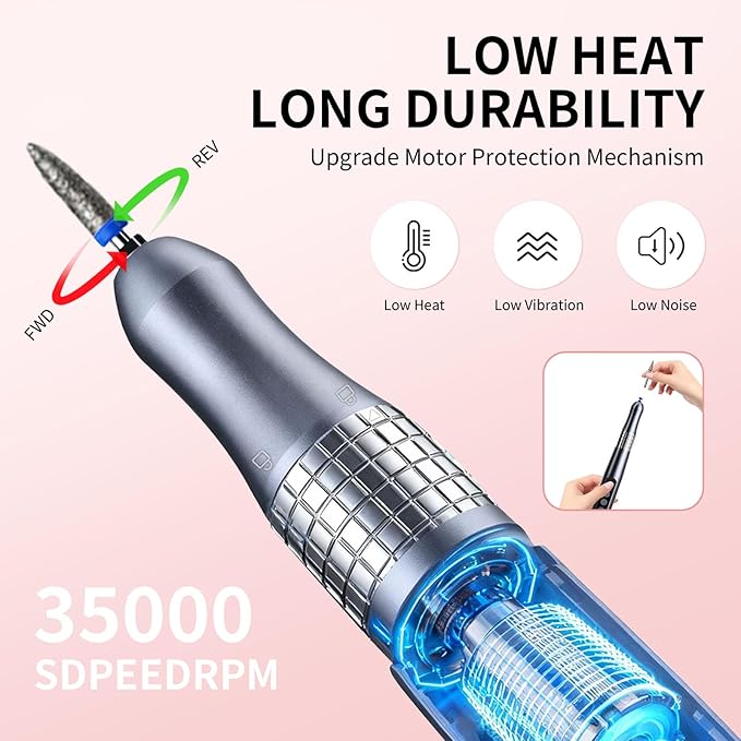 Professional Cordless Nail Drill and UV Light, 35000 RPM Electric Nail File Acrylic Gel Dip Powder Nail Tools, Portable Rechargeable Nail Pedicure Kit for Home & Travel, Gray(KY-9GJ)