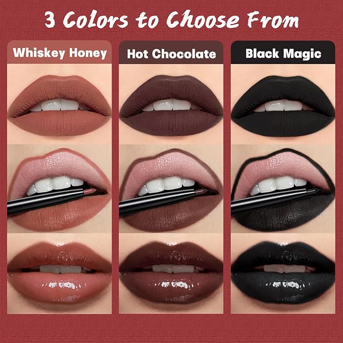 QiBest 3-in-1 Dark Red Lipstick Set for Women & Teen Girls, Matte Liquid Lipstick + Lip Gloss + Gel Lip Liner Pencil Trio Lip Gift Kit for 24 Hours Long Lasting & Waterproof Lip Makeup (Hot Chocolate)