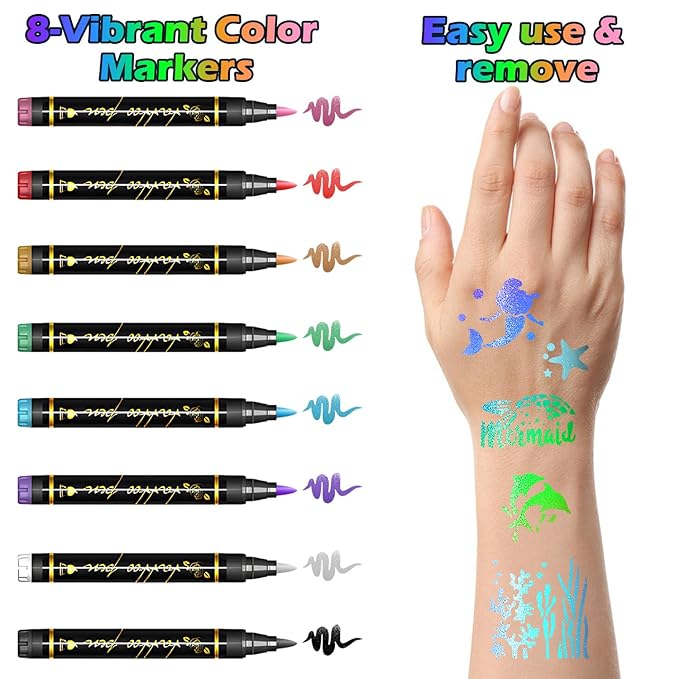 Mermaid Temporary Tattoo Markers for Kids, 8 Metallic Body Markers + 141 Large Face Paint Tattoo Stencils for Girls Boys Teens Adults Women Cosmetic Tattoos Pens DIY Body Art Set Party Favor
