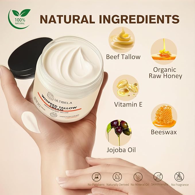 Beef Tallow for Skin, 100% Grass-Fed Whipped Tallow and Honey Balm for Body ＆ Face Natural Body Cream for Dry & Sensitive Skin Care 4OZ (Unscented)
