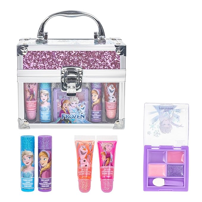 Disney Frozen Beauty Mini Train Case Set Includes Lip Gloss Tube, Lip Balm, Lip Gloss Compact for Girls,for Parties, Sleepovers by Townley Girl