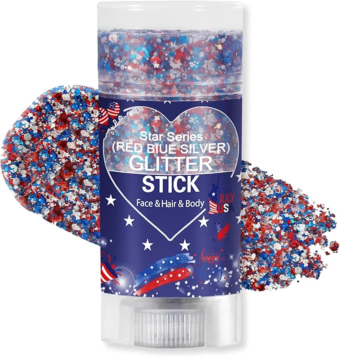 Patriotic Body Glitter Stick, Waterproof Face Glitter Gel, Chunky Glitter Face Paint, 4th of July Red White Blue Sequin Hair Glitter Makeup for American Pride USA Flag Makeup for Independence Day