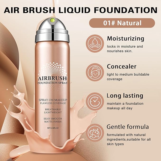 QIUFSSE Air Brush Makeup Foundation and Makeup Primer for Face,Hydrates and Moisturizes,Buildable Coverage with Anti-aging Formula for Smooth Radiant Skin (01 Natural/Warm Porcelain)