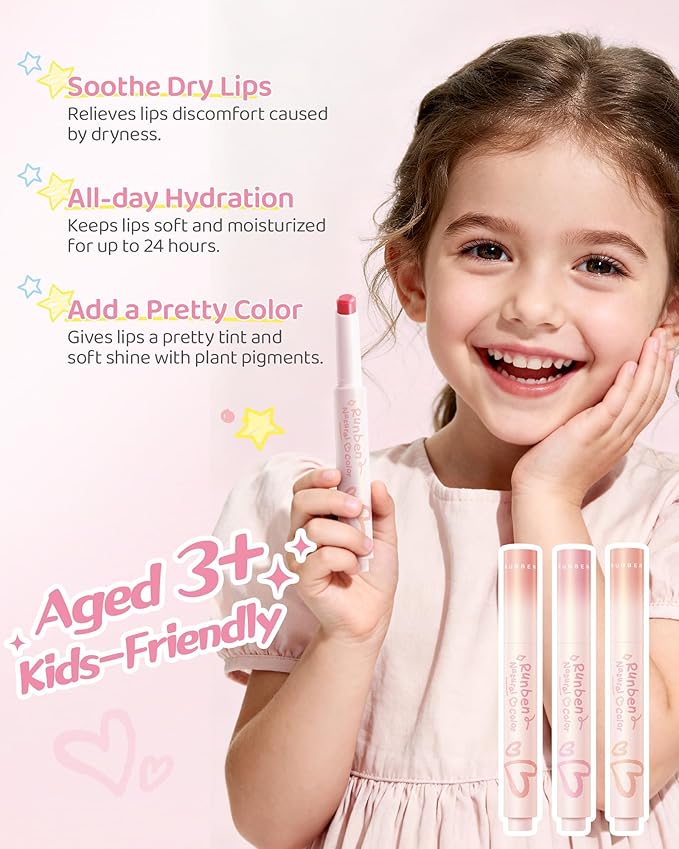 RUNBEN Kids Tinted Lip Balm, Pink Guava Lips Gloss, 24H Moisturizing, Safe & Non-toxic Lipstick for Kids & Teen, Christmas Makeup Gift for Girls, 2g