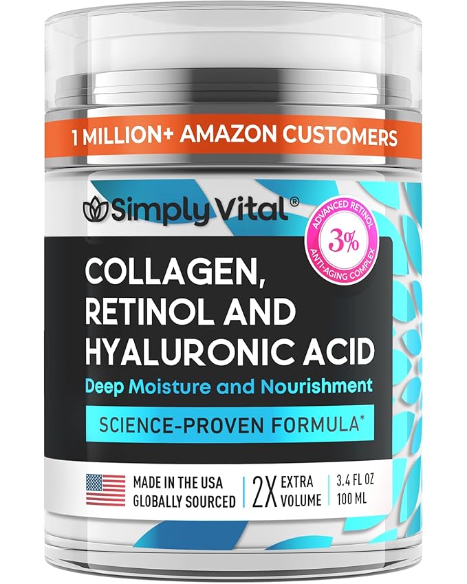 SimplyVital Collagen, Retinol & Hyaluronic Acid Cream - Anti-Aging Retinol Cream for Face, Neck & Décolleté - Made in USA - Daily Moisturizer Face Cream - 3.38 fl oz