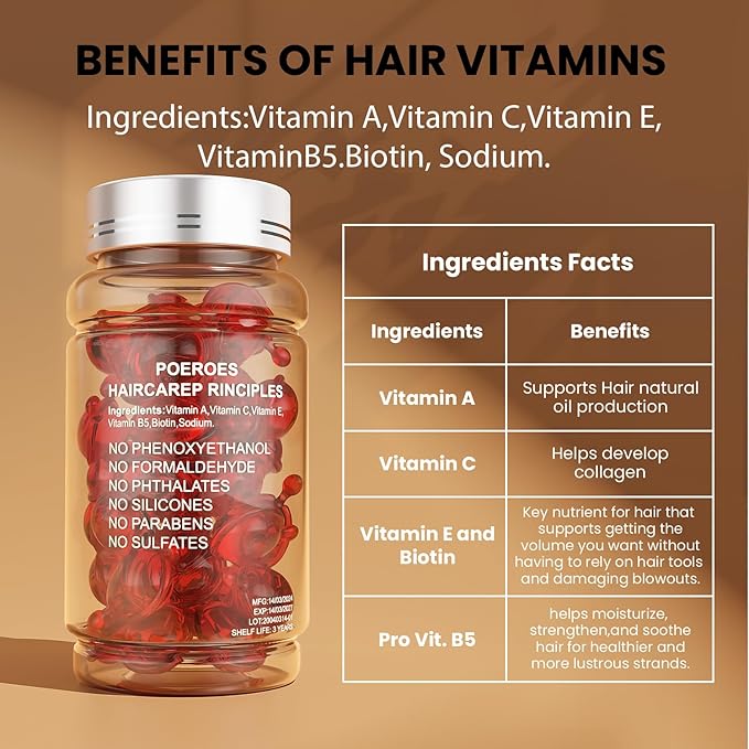 POEROES Hair Oil 50 Capsules - Hair Vitamins A C E Pro B5 - Hair Treatment Serum - Hair Serum for Frizzy and Damaged Hair - Argan & Avocado Oil - Leave in Conditioner for Women & Men