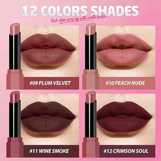 Jolilab 6Pcs Velvet Matte Lipstick Nude Matte Soft Dark Color Stick High Pigmented Long-Lasting Waterproof Lip Stick Lip Balm Beauty Cosmetics Gift for Women(Curated Set B)