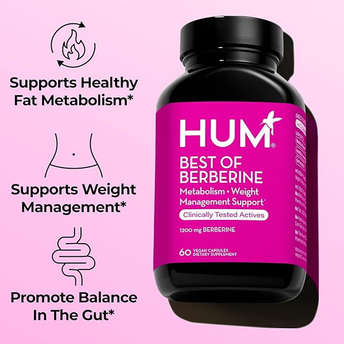 HUM Best of Berberine Supplement 1200mg, Pure Potency for Metabolic Wellness, Gut Health, Pure Berberine Supplements Enhanced with BioPerine for Maximum Absorption, 60 Capsules