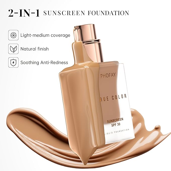 PHOFAY Matte Sunscreen Liquid Foundation SPF 30 (1.02 fl oz) - Long-Wearing Oil-Control, Concealing & Non-Greasy Buildable Coverage, Suitable for Most Skin Types, Daily & Outdoor Use (05#)