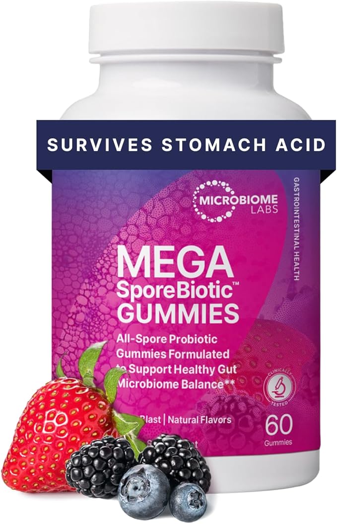 Microbiome Labs Spore Based Probiotic Gummies for Women, Men & Children - MegaSporeBiotic Gummies - 4 Bacillus Probiotics for Digestive Health & Microbiome Support - Berry Flavor (60 Gummies)