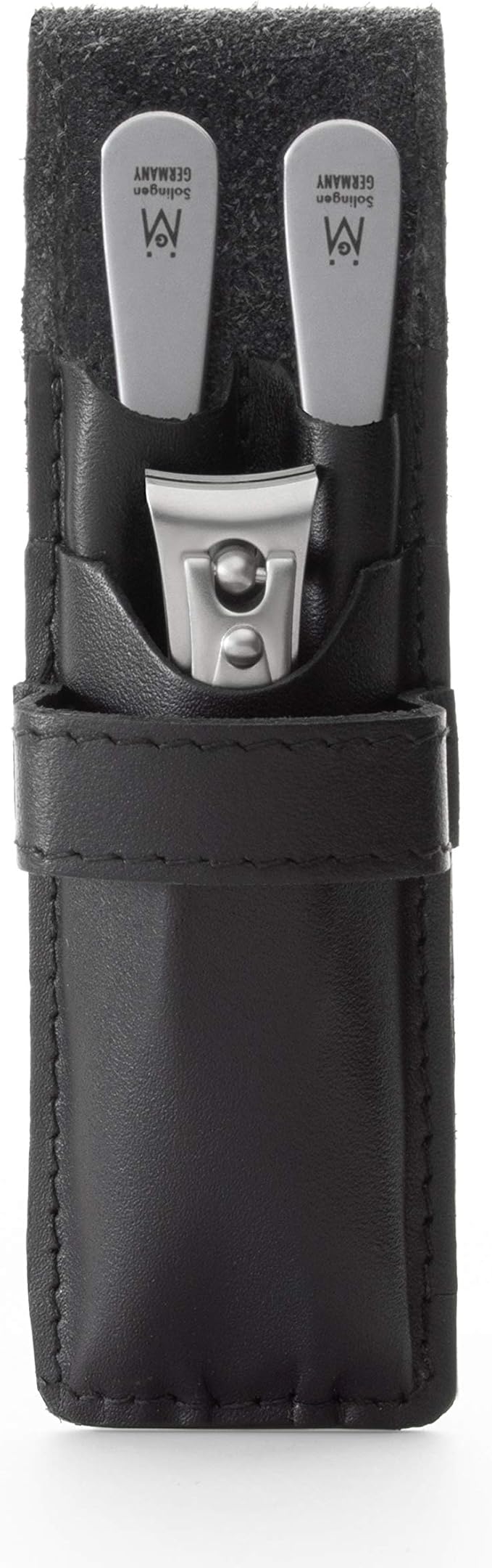 GERMANIKURE 3pc Mens Grooming Kit in Black Leather Case - Made in Solingen Germany of FINOX Stainless Steel: Fingernail Clipper, Nail Cleaner, and Sapphire Nail File