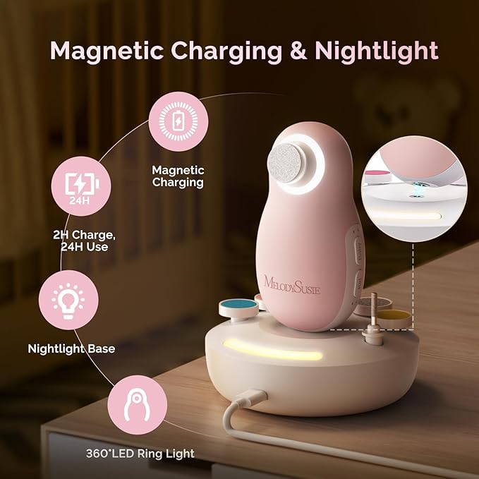 MelodySusie Baby Electric Nail File Kit, PC20F Rechargeable & Safe Nail Trimmer with Night Light, Quiet Operation for Newborns, Infants, Toddlers, Gentle Nail Care Clipper, Pink