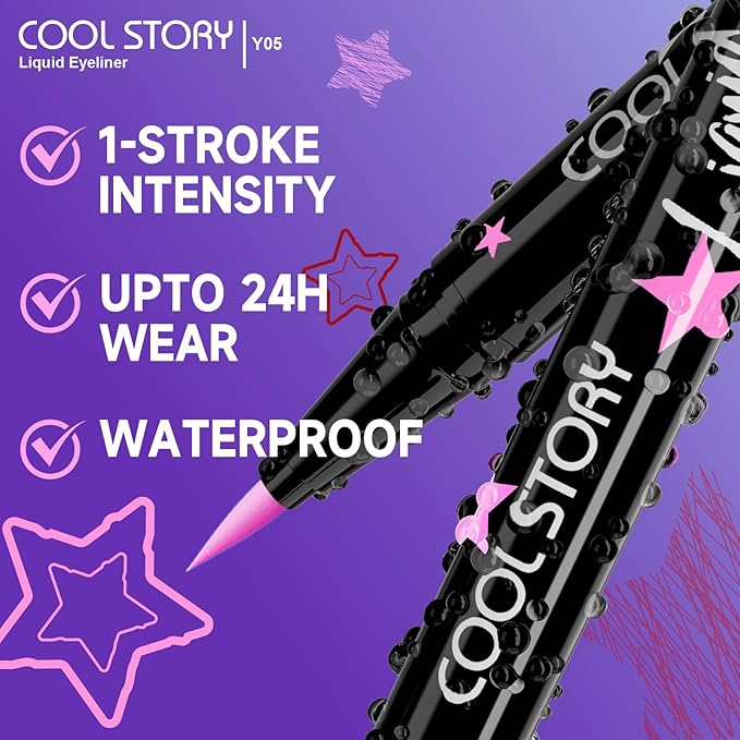 COOL STORY Liquid Eyeliner Waterproof Smudge Proof Eye Liner, 24H Long-Lasting, 0.6ml/0.02 fl.oz (Pink)
