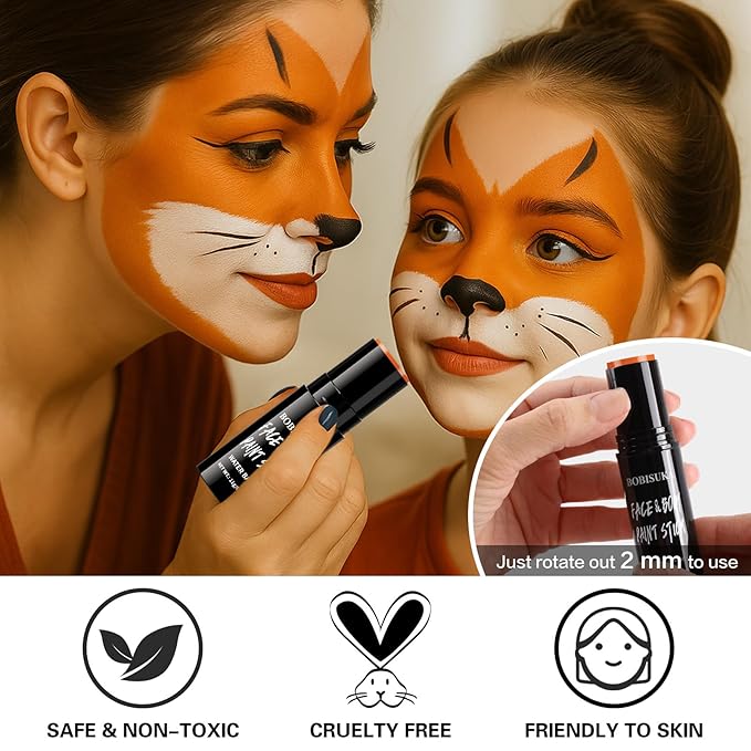 BOBISUKA Orange Face & Body Paint Stick Water-Based Washable Face Paint Makeup Stick for Halloween Pumpkin, Skeletons, Skull, Fox, Tiger, Cosplay, SFX, Sports Eye Black & Costume Party