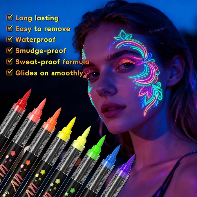 Glow in the Dark Body Paint,Halloween Makeup Kit,Neon Face Painting Markers Pen for Skin Glow Under Black Light, Washable UV Temporary Tattoo Pens for Glow Party Supplies (16 color)