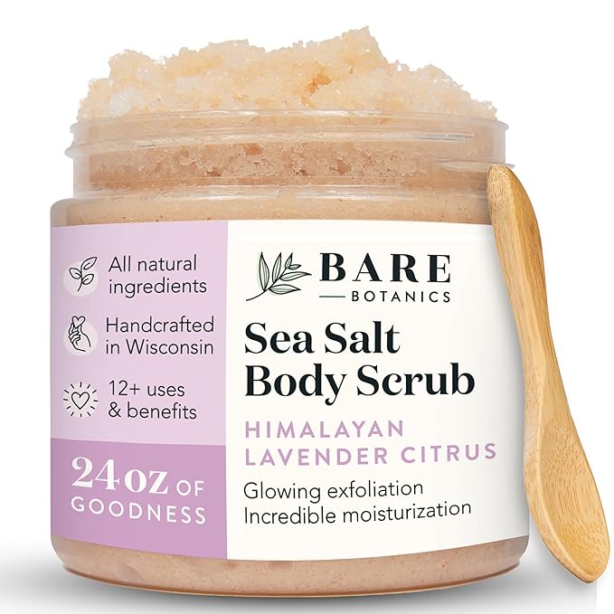 Bare Botanics Body Scrub 24 oz - Naturally Scented Salt Scrub Made in Madison WI - Formulated w/Skin Loving Moisturizers - Cruelty Free Exfoliator w/a Cute Wooden Spoon - Himalayan Lavender Citrus